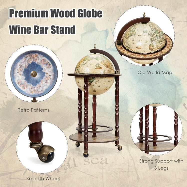 17 Inch Wood Globe Wine Bar Stand 16th Century Italian Style Replica Liquor Wine Cabinet Cart with Wheels