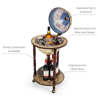 17 Inch Wood Globe Wine Bar Stand 16th Century Italian Style Replica Liquor Wine Cabinet Cart with Wheels