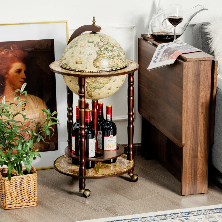 17 Inch Wood Globe Wine Bar Stand 16th Century Italian Style Replica Liquor Wine Cabinet Cart with Wheels