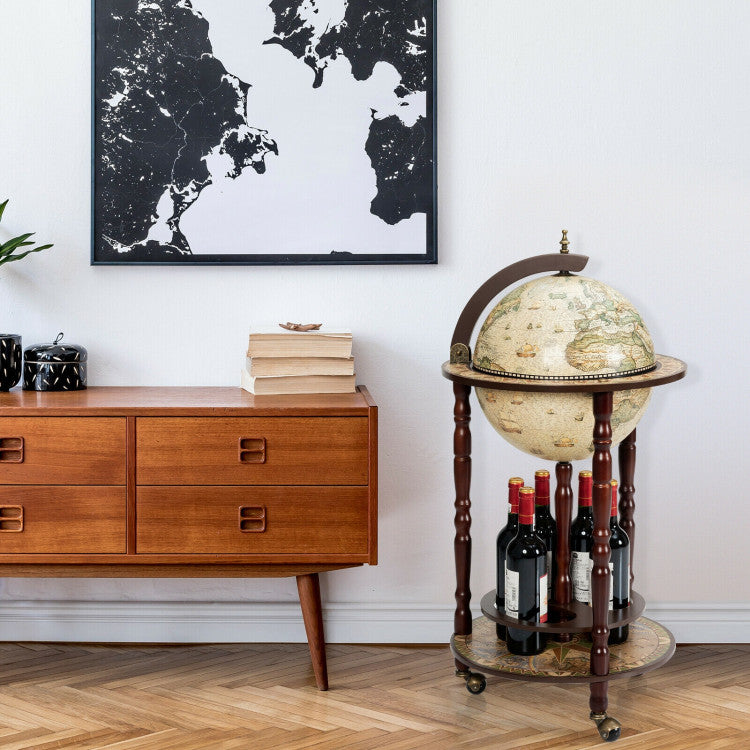 17 Inch Wood Globe Wine Bar Stand 16th Century Italian Style Replica Liquor Wine Cabinet Cart with Wheels