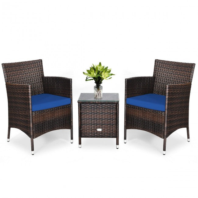 3 Pieces Patio Wicker Rattan Furniture Conversation Set with Coffee Table and Cushion