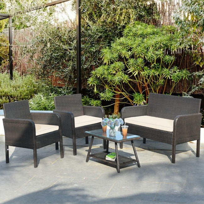 4Pcs Patio Rattan Wicker Furniture Set Conversation Sofa Bench Cushion