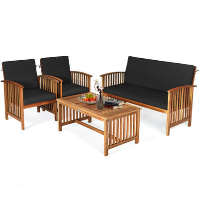 4 Pcs Patio Solid Wood Furniture Set with Water Resistant Cushions