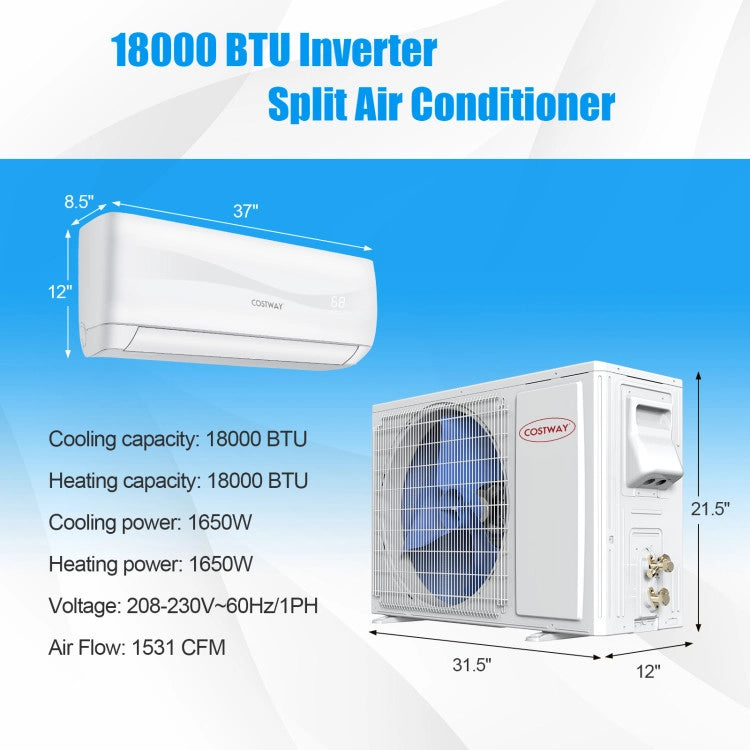 18000 BTU 208-230V Mini Split Ductless Air Conditioner and Heater 19 SEER Wall-Mounted AC Unit with Remote Control and Installation Kit