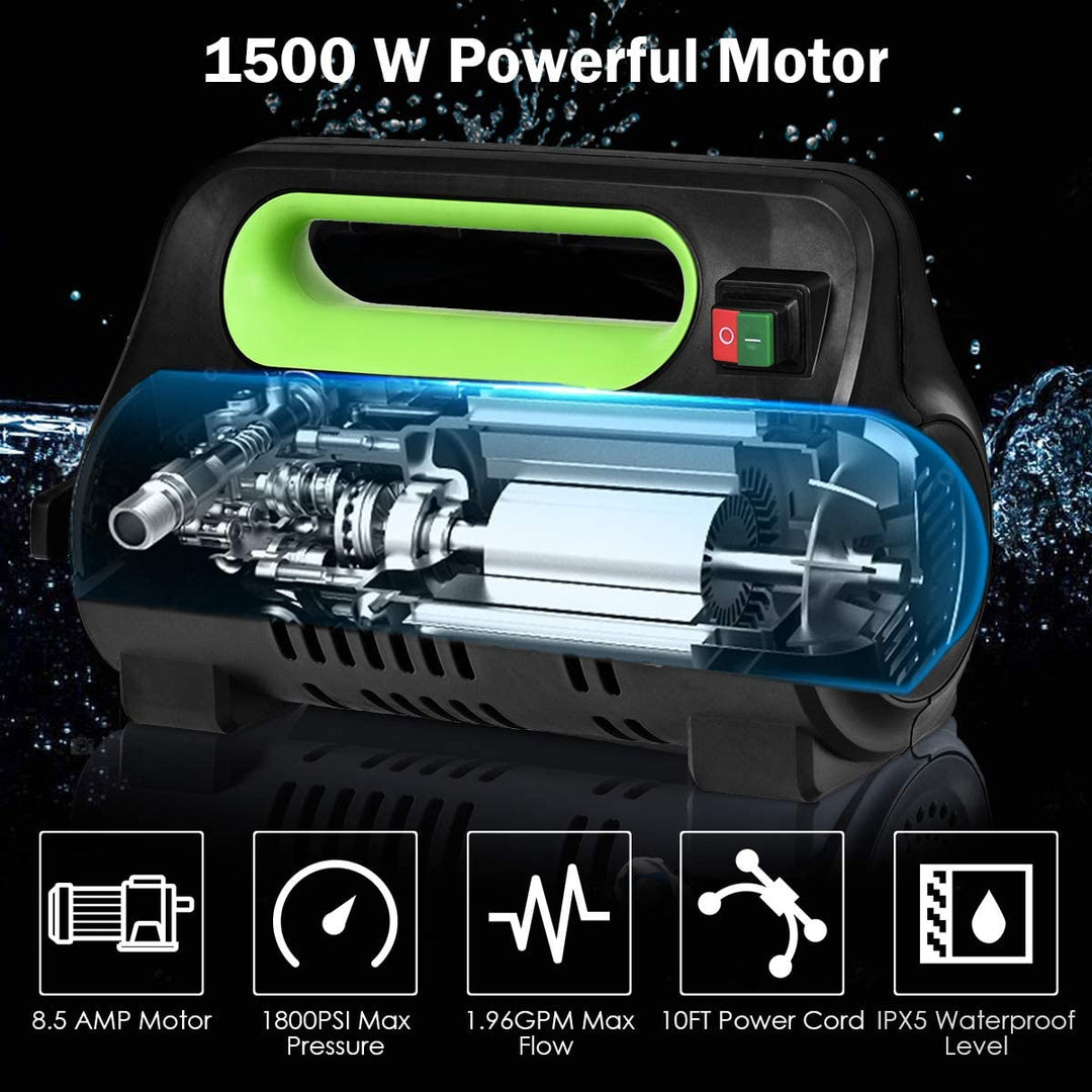 1800PSI Compact Pressure Washer 1.96GPM 1500W Portable High Power Car Cleaning Machine with Adjustable Nozzle and Spray Gun
