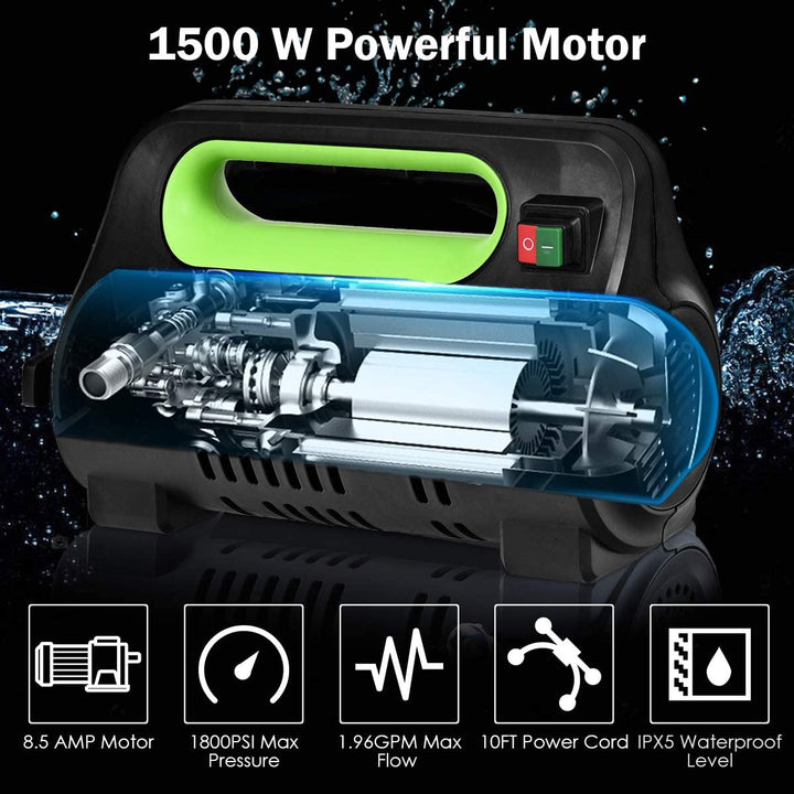 1800PSI Compact Pressure Washer 1.96GPM 1500W Portable High Power Car Cleaning Machine with Adjustable Nozzle and Spray Gun