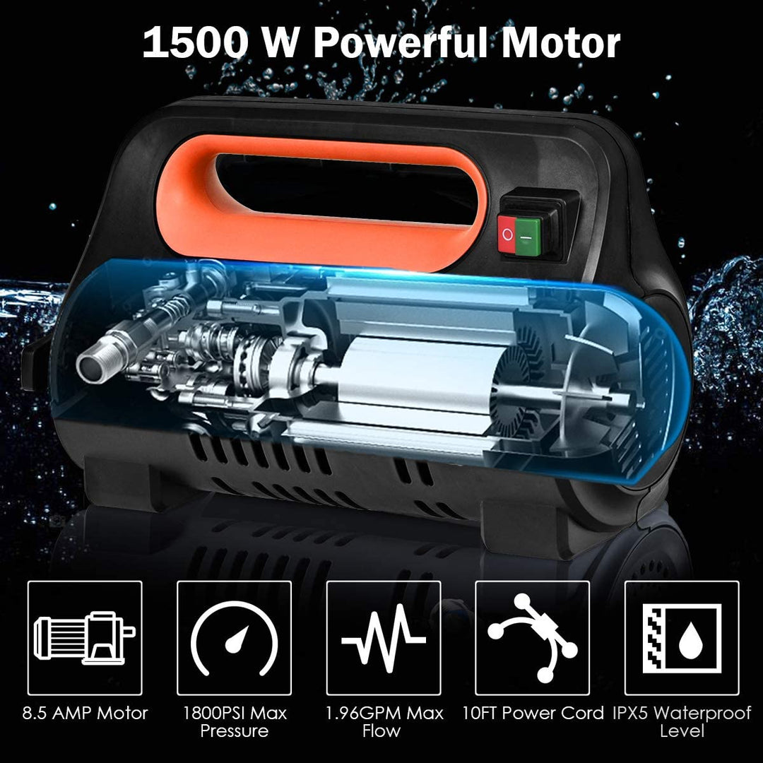1800PSI Compact Pressure Washer 1.96GPM 1500W Portable High Power Car Cleaning Machine with Adjustable Nozzle and Spray Gun
