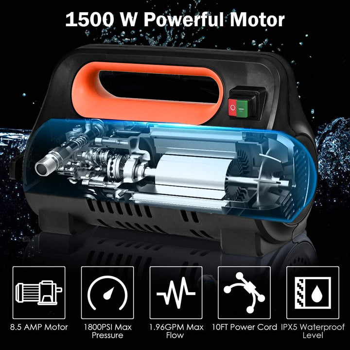1800PSI Compact Pressure Washer 1.96GPM 1500W Portable High Power Car Cleaning Machine with Adjustable Nozzle and Spray Gun