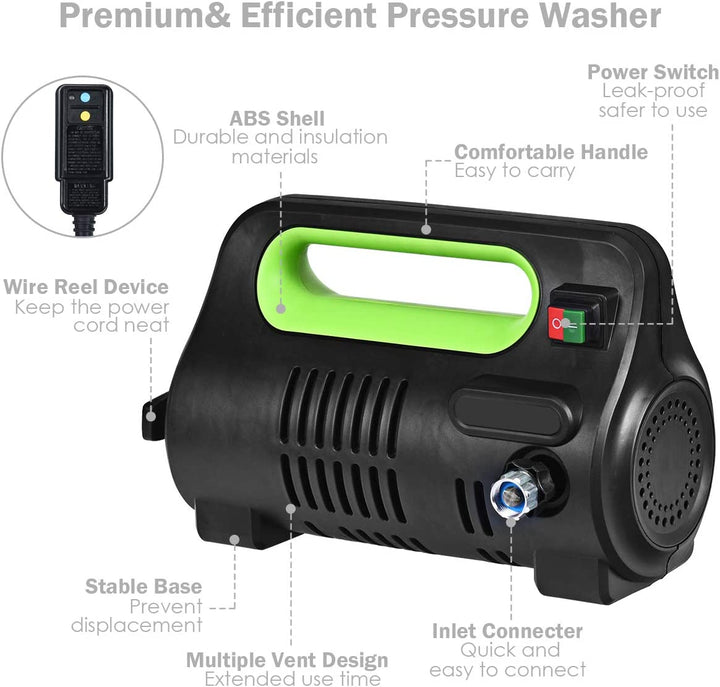 1800PSI Compact Pressure Washer 1.96GPM 1500W Portable High Power Car Cleaning Machine with Adjustable Nozzle and Spray Gun