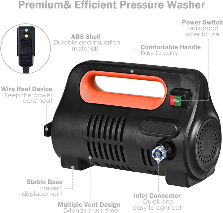 1800PSI Compact Pressure Washer 1.96GPM 1500W Portable High Power Car Cleaning Machine with Adjustable Nozzle and Spray Gun
