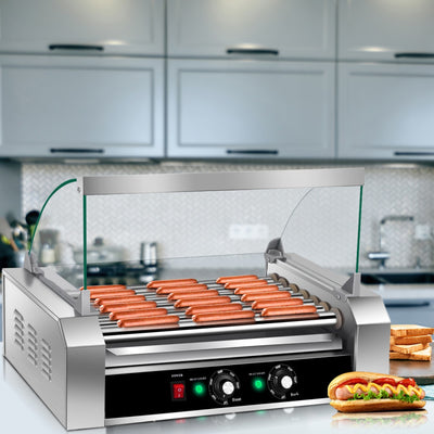 18 Hot Dog 7 Roller Machine Commercial Sausage Grill Cooker Household Rotisserie with Glass Hood Cover