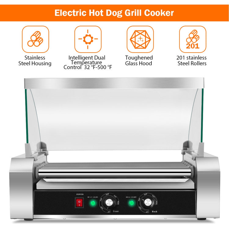 18 Hot Dog 7 Roller Machine Commercial Sausage Grill Cooker Household Rotisserie with Glass Hood Cover