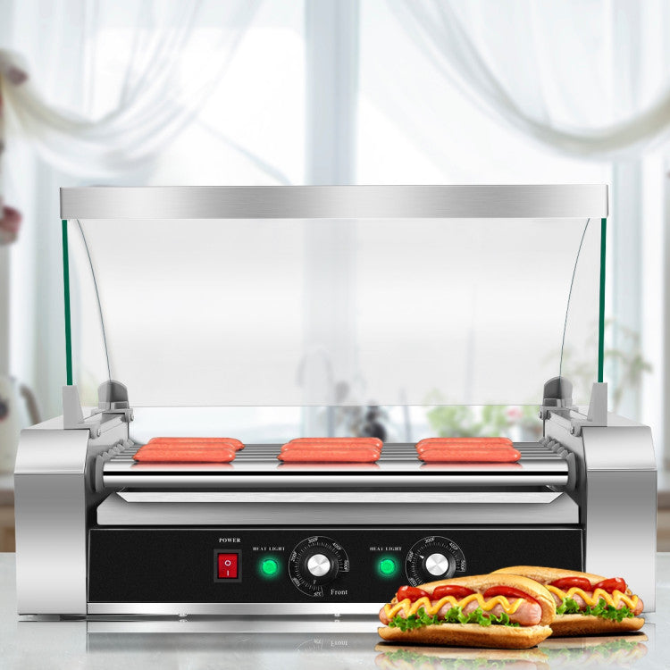 18 Hot Dog 7 Roller Machine Commercial Sausage Grill Cooker Household Rotisserie with Glass Hood Cover