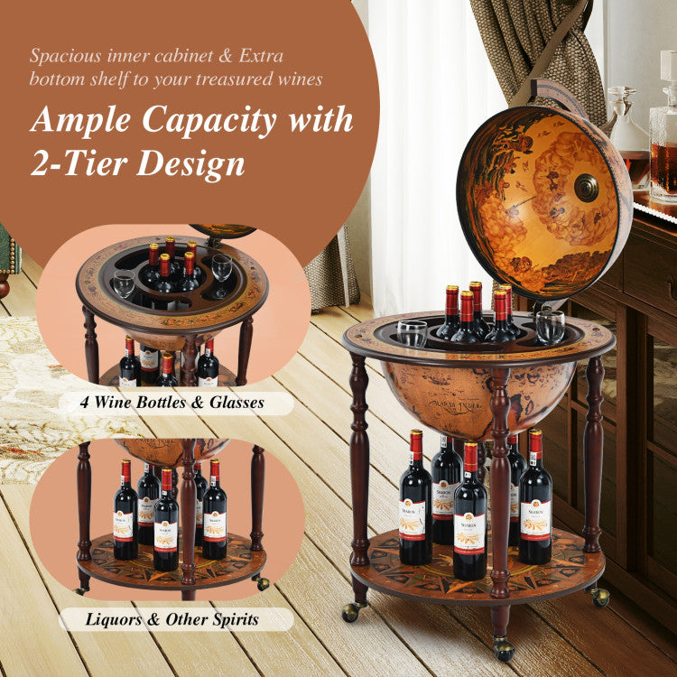 18 Inch Globe Wine Bar Stand 16th Century Italian Wine Cart Cabinet with Wheels