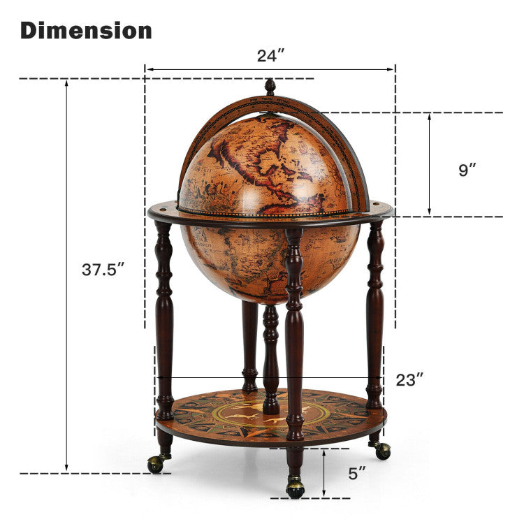 18 Inch Globe Wine Bar Stand 16th Century Italian Wine Cart Cabinet with Wheels