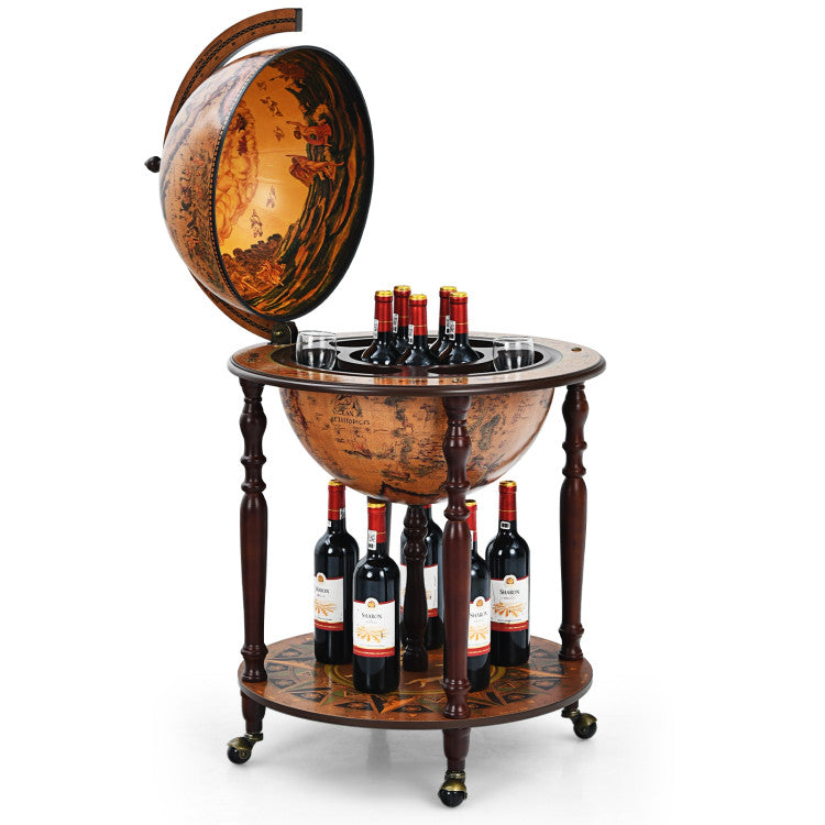 18 Inch Globe Wine Bar Stand 16th Century Italian Wine Cart Cabinet with Wheels