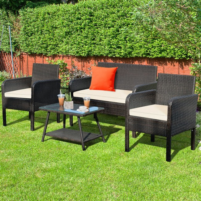 4Pcs Patio Rattan Wicker Furniture Set Conversation Sofa Bench Cushion