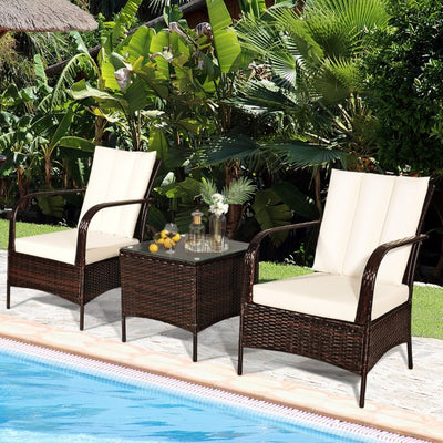 3 Pieces Patio Conversation Rattan Furniture Set with Glass Top Coffee Table and Cushions