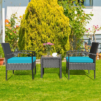 3 Pieces Outdoor Rattan Patio Conversation Set with Seat Cushions