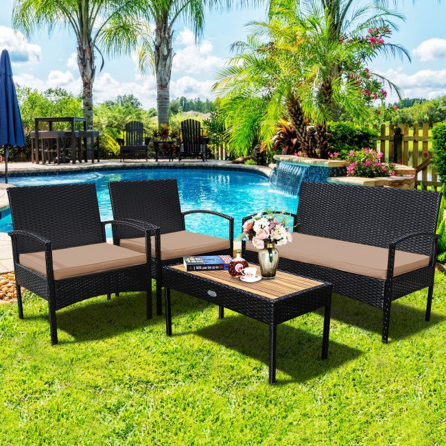 4 Pieces Patio Rattan Furniture Set Sofa Chair Coffee Table with Cushion