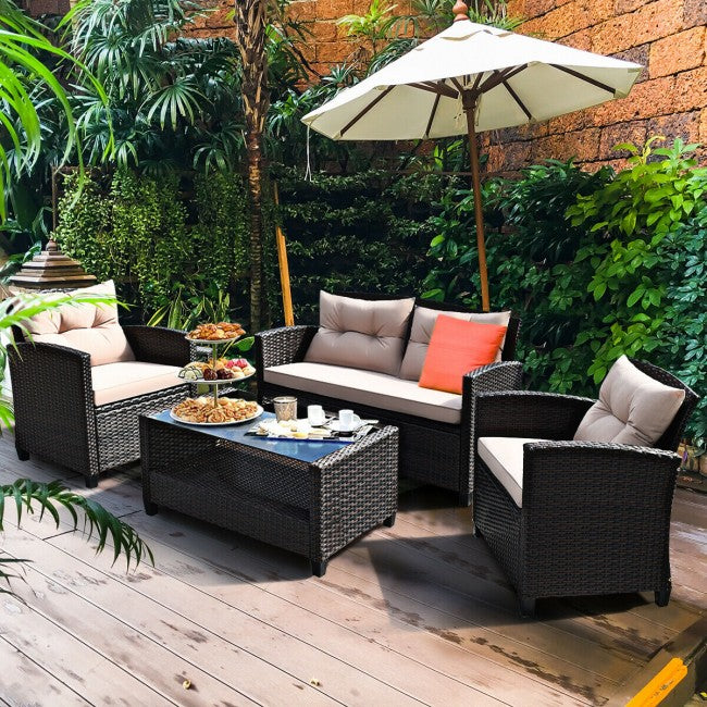 4 Pieces Patio Rattan Furniture Set Outdoor Conversation Sofa Set with Lower Shelf and Coffee Table