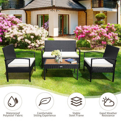 4 Pieces Patio Rattan Furniture Set Sofa Chair Coffee Table with Cushion