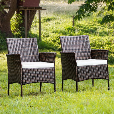 2 Pieces Rattan Arm Dining Chair Cushioned Sofa Furniture Patio