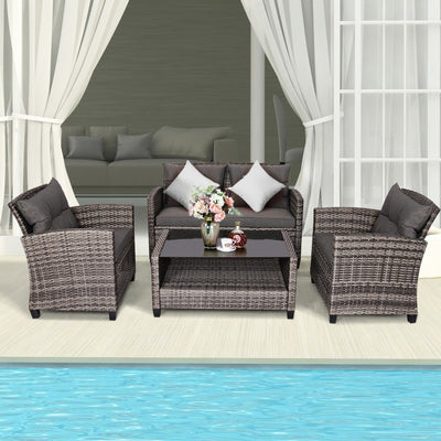 4 Pieces Patio Rattan Furniture Set Coffee Table Cushioned Sofa Set