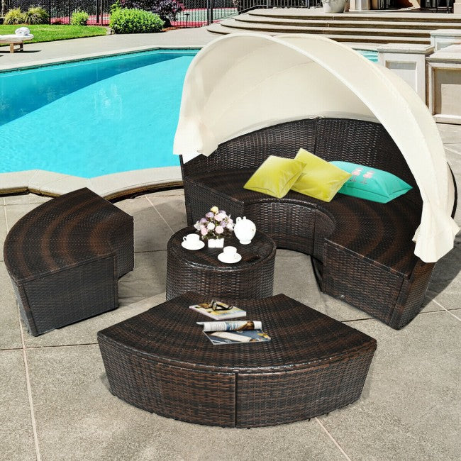 Outdoor Wicker Furniture Sets Patio Round Rattan Daybed With Retractable Canopy