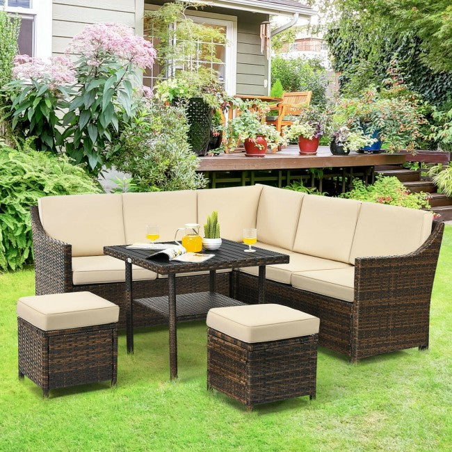 6 Pieces Outdoor Patio Rattan Furniture Set Conversation Sofa Set with Padded Cushion and Table