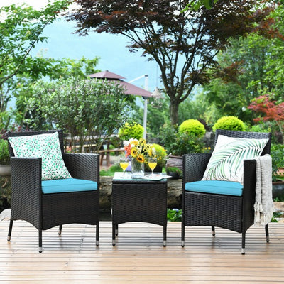 3 Pieces Patio Wicker Rattan Furniture Conversation Set with Coffee Table and Cushion