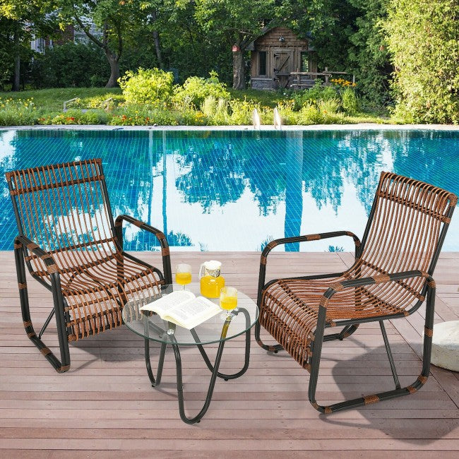 3 Pieces Outdoor Rattan Furniture Set Patio Conversation Set with Tempered Glass Table