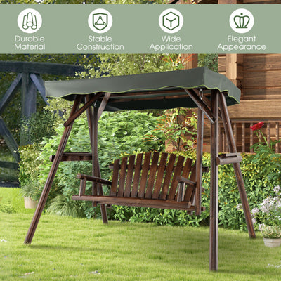 2-Person Outdoor Wooden Porch Swing Patio Hanging Swing with Adjustable Canopy and Armrests for Garden Backyard