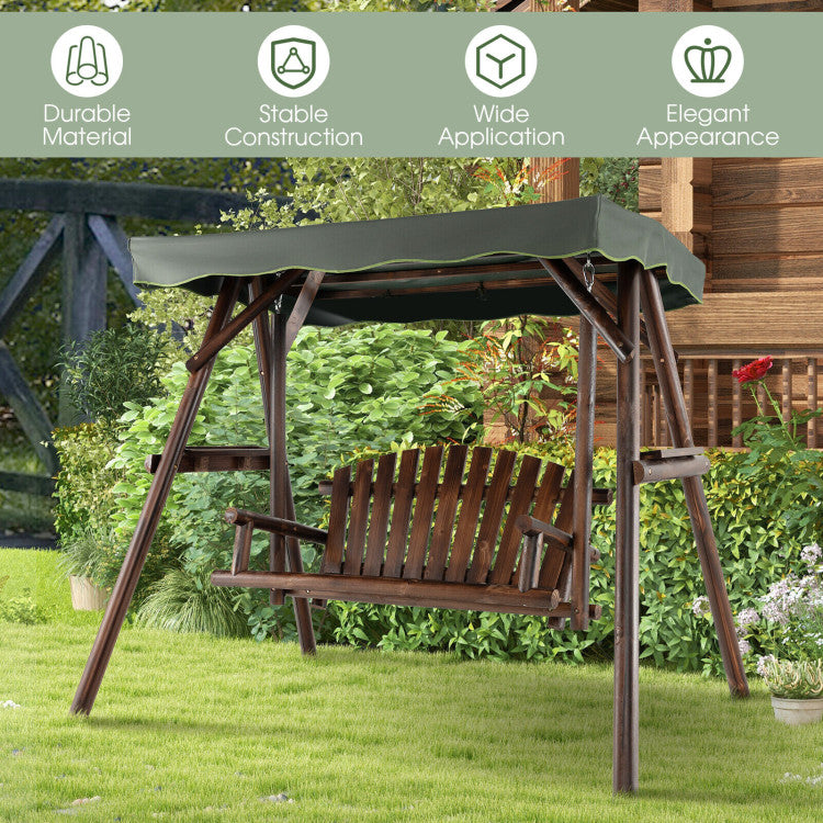 2-Person Outdoor Wooden Porch Swing Patio Hanging Swing with Adjustable Canopy and Armrests for Garden Backyard