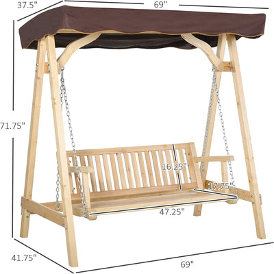 2-Person Outdoor Wooden Swing Bench Patio Swing Chair with Adjustable Canopy and Hanging Chain for Garden Backyard