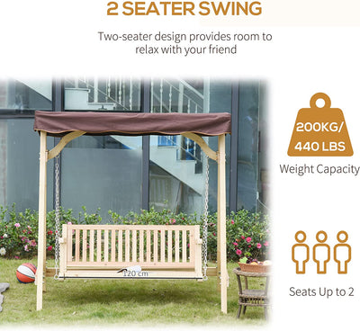 2-Person Outdoor Wooden Swing Bench Patio Swing Chair with Adjustable Canopy and Hanging Chain for Garden Backyard