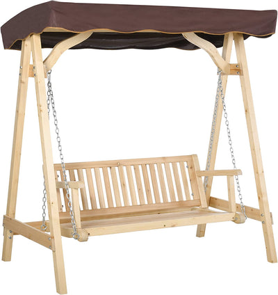2-Person Outdoor Wooden Swing Bench Patio Swing Chair with Adjustable Canopy and Hanging Chain for Garden Backyard