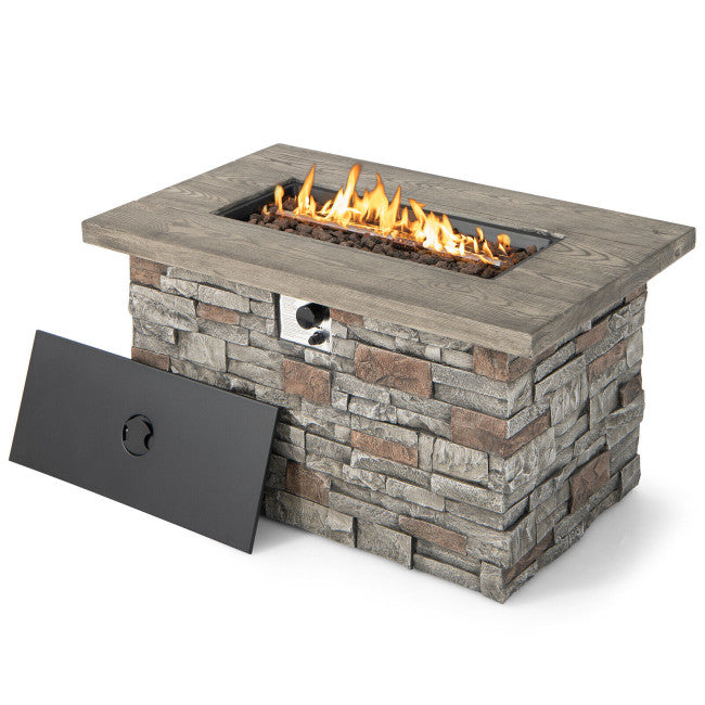 2-in-1 Design Rectangle Faux Stone Propane Gas Fire Pit Table 50,000  BTU Heating Output Stainless Steel Burner with Lava Rock PVC Cover