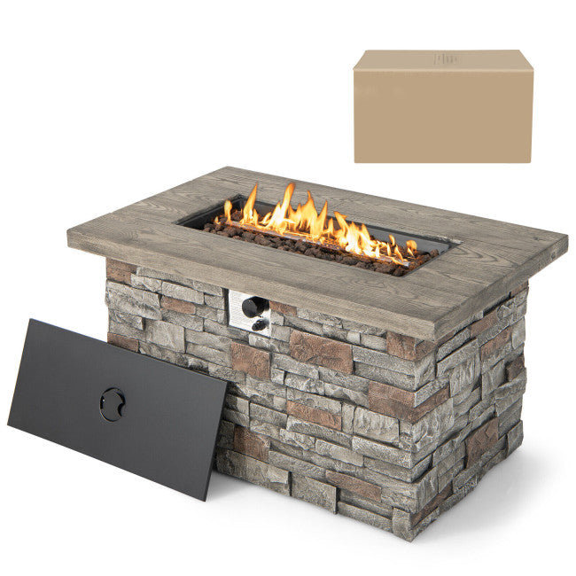 2-in-1 Design Rectangle Faux Stone Propane Gas Fire Pit Table 50,000  BTU Heating Output Stainless Steel Burner with Lava Rock PVC Cover