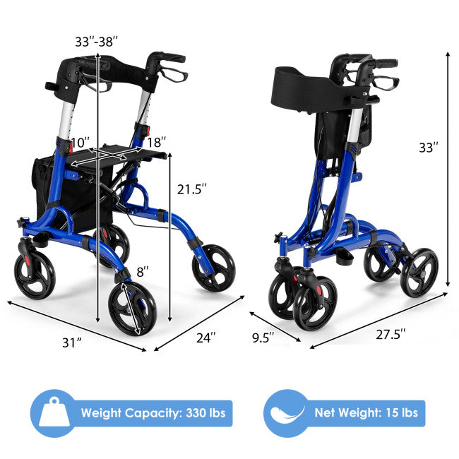 2-in-1 Folding Aluminum Rollator Walker Wheelchair with Adjustable Height and Detachable Storage Bag