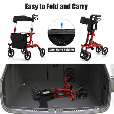2-in-1 Folding Aluminum Rollator Walker Wheelchair with Adjustable Height and Detachable Storage Bag