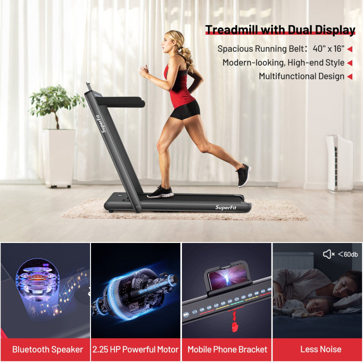 2-in-1 Folding Electric Motorized Treadmill with Remote Control and Dual Display