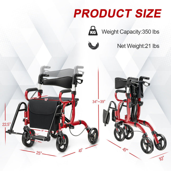 2-in-1 Folding Rollator Walker Transport Wheelchair with Detachable Storage Bag and Height Adjustable Handle