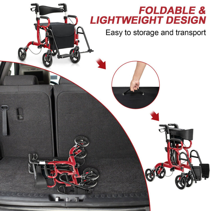 2-in-1 Folding Rollator Walker Transport Wheelchair with Detachable Storage Bag and Height Adjustable Handle