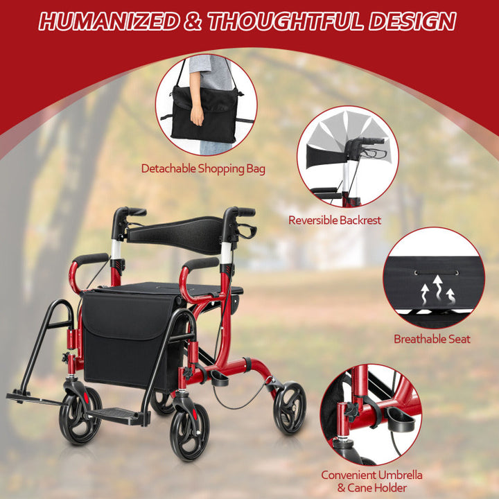 2-in-1 Folding Rollator Walker Transport Wheelchair with Detachable Storage Bag and Height Adjustable Handle