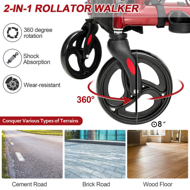 2-in-1 Folding Rollator Walker Transport Wheelchair with Detachable Storage Bag and Height Adjustable Handle