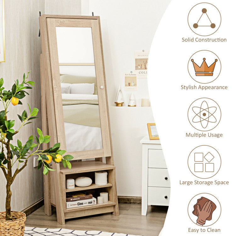 2-in-1 Freestanding Jewelry Mirror Cabinet Wooden Cosmetics Storage Cabinet with Full-Length Mirror and Bottom Storage Rack