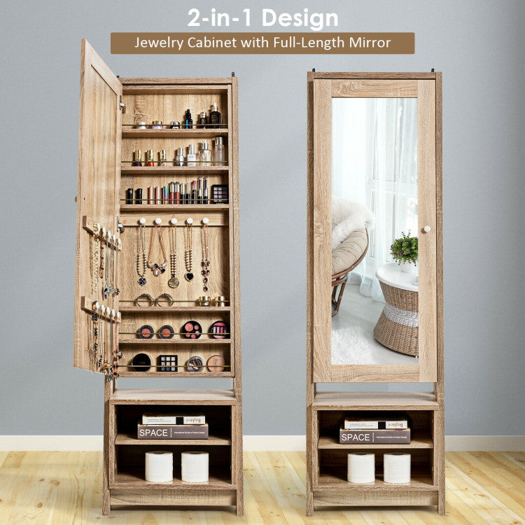 2-in-1 Freestanding Jewelry Mirror Cabinet Wooden Cosmetics Storage Cabinet with Full-Length Mirror and Bottom Storage Rack