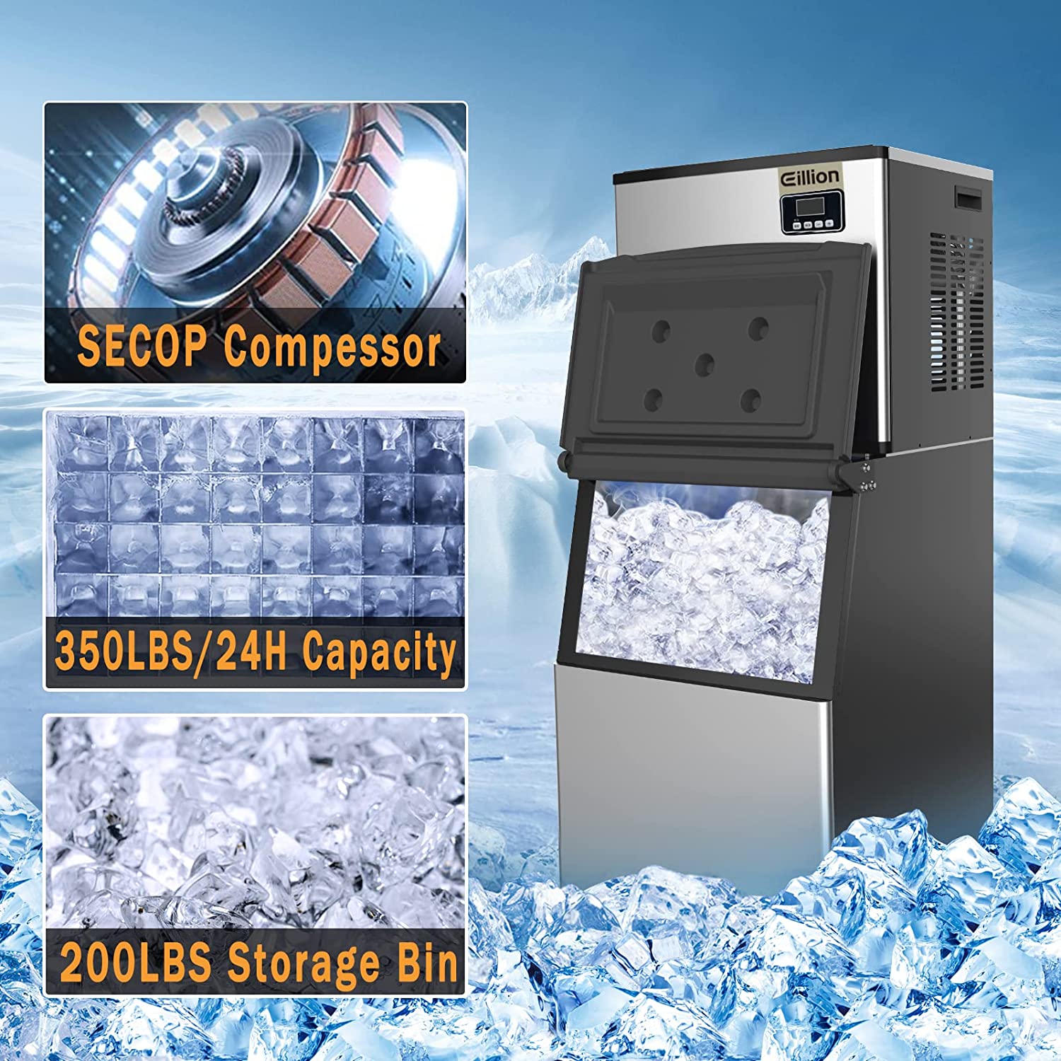 Commercial Modular Ice Machine 350LBS/24H Split Commercial Ice Maker 200LBS Storage Bin Full-Automati ...