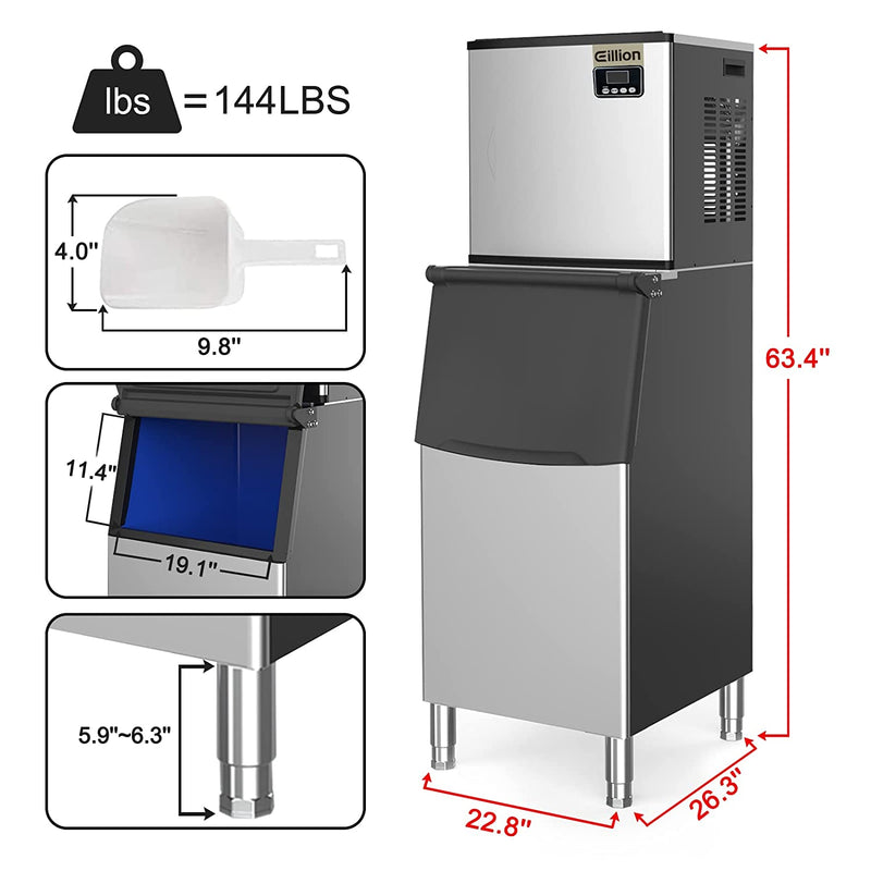 350LBS/24H Split Commercial Ice Maker 200LBS Storage Bin Full-Automatic Vertical Industrial Modular Ice Machine with Compressor LCD Panel